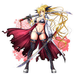 Rule 34 | 1girl, blonde hair, boots, bra, breasts, cleavage, cross-laced footwear, dual wielding, fate testarossa, flower, full body, gloves, gluteal fold, groin, hair ribbon, highres, holding, jacket, jacket on shoulders, katana, kiriya (aprikose 0312), lace-up boots, large breasts, long hair, lyrical nanoha, mahou shoujo lyrical nanoha strikers, navel, petals, ponytail, ribbon, simple background, solo, standing, sword, thigh boots, thighhighs, thong, torn clothes, torn jacket, underwear, very long hair, weapon, white background, yellow eyes