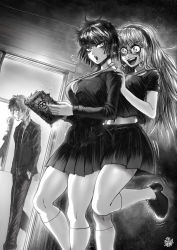 Rule 34 | 1boy, 2girls, aged down, artist name, blood, blood from mouth, book, braces, breasts, doorway, flying sweatdrops, fubuki (one-punch man), glasses, greyscale, hairband, hands in pockets, highres, kneehighs, large breasts, long hair, midriff, monochrome, multiple girls, navel, necktie, one-punch man, psychos (one-punch man), puff of air, saitama (one-punch man), school uniform, serafuku, siblings, signature, sisters, smile, socks, sparkle, standing, standing on one leg, the golden smurf