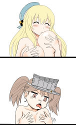 Rule 34 | 10s, 2girls, atago (kancolle), blonde hair, breast sucking, breasts, brown hair, comic, closed eyes, female focus, flat chest, hat, kantai collection, large breasts, long hair, multiple girls, ryuujou (kancolle), self breast sucking, tongue, tongue out, twintails, upper body, visor cap, white background, y.ssanoha