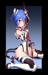 Rule 34 | 1girl, :o, adapted costume, antenna hair, arm up, armpits, ayanami rei, bail, bare shoulders, between breasts, bident, blue background, blue hair, blush, body blush, boots, border, bracer, breasts, cable, cable tail, cleavage, cleavage cutout, clothing cutout, dated, detached sleeves, from side, full body, gradient background, groin, halterneck, headgear, high heel boots, high heels, highleg, highleg leotard, hip focus, holding, holding weapon, interface headset, lance of longinus (evangelion), leotard, looking at viewer, mechanical tail, narrow waist, neon genesis evangelion, open mouth, parted bangs, parted lips, pilot suit, planted, plugsuit, polearm, red eyes, shadow, short hair, signature, sitting, small breasts, solo, spear, spread legs, tail, thigh boots, thighhighs, thighs, turtleneck, wariza, weapon