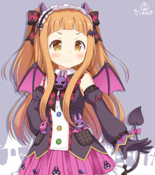 Rule 34 | 1girl, argyle, argyle bow, argyle clothes, black gloves, black shirt, blush, bow, brown eyes, brown hair, buttons, closed mouth, collared shirt, commentary request, demon girl, demon horns, demon tail, demon wings, detached sleeves, diamond (shape), frilled hairband, frilled skirt, frills, gloves, hair bow, hairband, hand on own hip, horns, ichihara nina, idolmaster, idolmaster cinderella girls, idolmaster cinderella girls starlight stage, kaiware-san, long hair, looking at viewer, outstretched arm, pink bow, pink skirt, pleated skirt, pocket, purple background, shirt, signature, skirt, sleeveless, sleeveless shirt, smile, solo, tail, tail bow, tail ornament, two side up, very long hair, wings