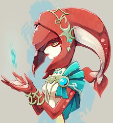 Rule 34 | 1girl, colored skin, fins, fish girl, gills, head tail, highres, mipha, monster girl, multicolored skin, nintendo, no eyebrows, red skin, solo, the legend of zelda, the legend of zelda: breath of the wild, yachimata 1205, zora