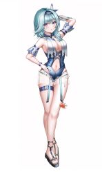 Rule 34 | 1girl, absurdres, arm up, bad id, bad twitter id, bare shoulders, blue eyes, blue hair, blush, breasts, cleavage, eula (genshin impact), full body, genshin impact, hair ornament, highres, large breasts, medium hair, navel, parted lips, see-through, see-through shorts, shorts, simple background, solo, thigh strap, thighs, white background, wol (wol 927)