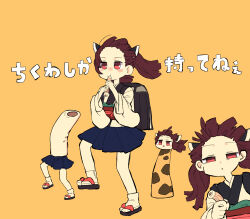 Rule 34 | backpack, bag, black bag, blade, blue skirt, blush stickers, brown hair, chibi, commentary request, eating, expressionless, floating hair, food, foot up, forehead, giraffe, headgear, highres, holding, holding food, in food, japanese clothes, jitome, kimono, kiritanpo (food), kyoufuu all back (vocaloid), long hair, long sleeves, looking ahead, looking at viewer, multiple views, obi, obijime, open mouth, orange background, oversized food, oversized object, parody, parted lips, pleated skirt, randoseru, red eyes, sash, short kimono, skirt, smile, squinting, tabi, touhoku kiritan, translation request, twintails, voiceroid, white kimono, wide sleeves, wind, yunuki uta