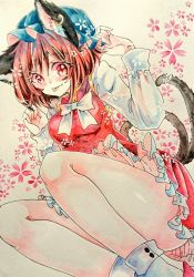 Rule 34 | 1girl, animal ear fluff, animal ears, blush, bow, breasts, chaka3464, chen, hat, long sleeves, looking at viewer, red eyes, short hair, smile, solo, tongue, tongue out, touhou