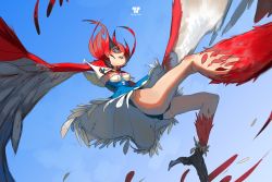 Rule 34 | 1girl, ass, bird legs, blue dress, breasts, commentary, dress, feathers, flying, harpy, highres, long hair, looking at viewer, monster girl, original, parted lips, red feathers, red hair, schiptimmer, sky, small breasts, solo, talons, two-tone wings, upskirt, white feathers, winged arms, wings