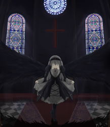 Rule 34 | 00s, 1girl, bad id, bad pixiv id, bow, church, cross, crossed legs, curtsey, dress, female focus, flower, full body, gothic lolita, hair ornament, hairband, highres, indoors, crossed legs, lolita fashion, long hair, ribbon, rose, rozen maiden, silver hair, solo, stained glass, suigintou, watson cross, wings