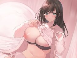 1girl absurdres bed bed_sheet black_bra black_hair blue_eyes blurry blurry_background blush bra bra_aside breasts breasts_out cleavage clothes_lift hair_between_eyes highres indoors inverted_nipples large_breasts long_hair long_sleeves looking_at_viewer nanase_chiori nipple_slip nipples open_mouth original pajamas pink_pajamas pink_shorts pink_sweater shirt_lift short_shorts shorts sidelocks sitting smile solo sweater underwear undressing