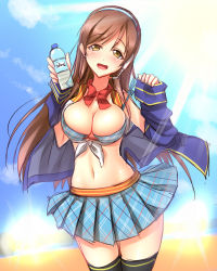 Rule 34 | 10s, 1girl, black thighhighs, blush, bottle, bow, bra, breasts, brown hair, cleavage, front-tie top, headset, highres, idolmaster, idolmaster cinderella girls, light rays, long hair, looking at viewer, midriff, navel, nitta minami, open clothes, open mouth, plaid, plaid bra, plaid skirt, shiny skin, skirt, smile, solo, sunbeam, sunlight, thigh gap, thighhighs, underwear, water bottle, yellow eyes, yu-ta