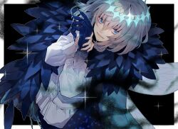 Rule 34 | 1boy, absurdres, black background, black pants, blue eyes, border, closed mouth, collared shirt, diamond hairband, dragonfly wings, dress shirt, dutch angle, eyelashes, fate/grand order, fate (series), feathered cape, fingernails, frilled shirt collar, frills, grey hair, hair between eyes, highres, kujiraoka, looking at viewer, male focus, oberon (fate), oberon (third ascension) (fate), pants, sharp fingernails, shirt, short hair, solo, sparkle, white border, white shirt