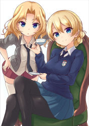Rule 34 | 10s, 2girls, :o, black legwear, black necktie, blazer, blonde hair, blouse, blue eyes, blue skirt, blue sweater, braid, chair, closed mouth, collared shirt, crossed legs, cup, darjeeling (girls und panzer), dress shirt, emblem, girls und panzer, grey jacket, hair intakes, hand on own hip, highres, holding, holding cup, jacket, kay (girls und panzer), leaning forward, legs, long hair, long sleeves, looking at viewer, messy hair, miniskirt, multiple girls, necktie, open clothes, open jacket, pantyhose, parted lips, pinky out, pleated skirt, red skirt, saucer, school uniform, shirt, short hair, skindentation, skirt, sleeves rolled up, smile, st. gloriana&#039;s (emblem), standing, sweater, teacup, thighhighs, thighs, twin braids, v-neck, white background, white legwear, white shirt, yuki shiro, zettai ryouiki
