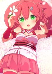 Rule 34 | 1girl, absurdres, ahoge, armpits, arms up, blurry, blurry foreground, blush, breasts, cherry blossoms, cleavage, cleavage cutout, clothing cutout, commentary, cowboy shot, female focus, flower, green eyes, hair between eyes, hair flower, hair ornament, hairclip, highres, hololive, looking at viewer, lying, miniskirt, nail polish, nontraditional miko, obi, okota mikan, on back, open mouth, plant, red hair, red skirt, red thighhighs, sakura miko, sakura miko (old design), sash, short hair, skirt, sleeveless, solo, thighhighs, virtual youtuber, wristband