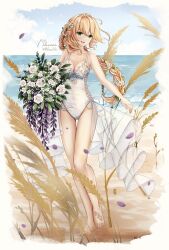 Rule 34 | 1girl, barefoot, beach, blonde hair, bouquet, braid, breasts, cleavage, cloud, cloudy sky, commentary, day, english commentary, flower, full body, grass, green eyes, hair flower, hair ornament, highres, holding, holding bouquet, long hair, looking at viewer, medium breasts, milavana, ocean, one-piece swimsuit, open mouth, original, outdoors, petals, side-tie one-piece swimsuit, signature, sky, solo, standing, swimsuit, water, white one-piece swimsuit