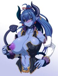 Rule 34 | 1girl, areola slip, asmodeus (shinrabanshou), black sclera, blue hair, blue skin, blush, breasts, choker, cleavage, colored nipples, colored sclera, colored skin, curvy, demon girl, detached sleeves, deus (shinrabanshou), earrings, embarrassed, exabyte (parallax05), fingernails, hand on own hip, horns, huge breasts, jewelry, large areolae, long hair, looking at viewer, navel, nipple slip, nipples, nipples through clothes, one breast out, pointy ears, ponytail, puffy areolae, puffy nipples, purple nipples, purple skin, sharp fingernails, shiny skin, simple background, tail, yellow eyes