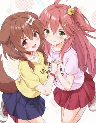 2girls alternate_costume animal_ears blue_skirt blush bone_hair_ornament braid breasts brown_eyes brown_hair cat_hair_ornament choker clothes_writing collarbone dog_ears dog_girl dog_tail fangs green_eyes hair_between_eyes hair_ornament hairclip hand_on_another&#039;s_hip highres hololive inugami_korone large_breasts leg_up long_hair looking_at_viewer looking_up medium_breasts minazuki_mizu multiple_girls open_mouth pink_hair pink_nails pink_shirt red_skirt red_socks sakura_miko shirt shoes short_sleeves simple_background skirt smile sneakers socks tail tongue twin_braids v-shaped_eyebrows virtual_youtuber white_background white_socks yellow_shirt