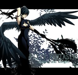 Rule 34 | 1girl, arm strap, black hair, black wings, breasts, cleavage, cleavage cutout, clothing cutout, dress, futoshi (dominos), hair over eyes, large wings, letterboxed, outside border, pixiv fantasia, pixiv fantasia wizard and knight, sleeveless, sleeveless dress, solo, staff, taishi (dominos), wings