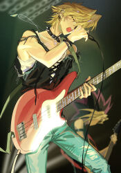 Rule 34 | 2boys, alternate costume, belt collar, black hair, black shirt, blonde hair, blue pants, closed eyes, collar, commentary request, dyed bangs, ear spike, earrings, electric guitar, feet out of frame, guitar, hair between eyes, highres, holding, holding instrument, holding microphone, instrument, jewelry, jonouchi katsuya, long bangs, male focus, microphone, multicolored hair, multiple boys, multiple earrings, music, muto yugi, open mouth, pants, playing instrument, punk, shirt, short hair, singing, sleeveless, sleeveless shirt, solo focus, spiked belt, spiked hair, tank top, torn clothes, torn shirt, white tank top, xt1125cj, yu-gi-oh!, yu-gi-oh! duel monsters