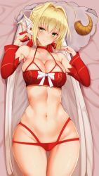 Rule 34 | 10s, 1girl, ahoge, altera (fate), altera the santa (fate), blonde hair, braid, breasts, choker, christmas, cleavage, cosplay, detached sleeves, fate/extella, fate/extra, fate/grand order, fate (series), french braid, green eyes, hair intakes, highres, large breasts, looking at viewer, lying, navel, nero claudius (fate), nero claudius (fate) (all), nero claudius (fate/extra), noeomi, on back, red ribbon, ribbon, sheep, short hair, skindentation, smile, solo, wide hips