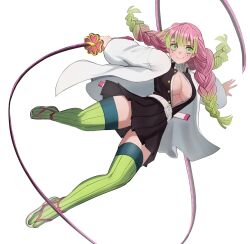 Rule 34 | 1girl, belt, breasts, demon slayer uniform, gradient hair, green hair, green thighhighs, haori, highres, japanese clothes, jourd4n, kanroji mitsuri, kimetsu no yaiba, large breasts, mole, mole under each eye, mole under eye, multicolored hair, multiple moles, partially unbuttoned, pink hair, ribbed thighhighs, simple background, smile, solo, thighhighs, tri braids, weapon, whip sword, white background, white belt