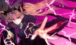 Rule 34 | 1girl, arms at sides, bad id, bad pixiv id, black dress, black robe, bleeding, blonde hair, blood, blood on face, breasts, commentary, cuts, dress, electricity, ereshkigal (fate), ereshkigal (third ascension) (fate), fate/grand order, fate (series), fixro2n, floating hair, foreshortening, from side, frown, hair intakes, hair ribbon, highres, hood, hood down, hooded dress, hooded robe, injury, layered sleeves, long hair, long sleeves, looking at viewer, open hand, outstretched arms, outstretched hand, parted bangs, parted lips, pink background, planted, reaching, reaching towards viewer, red eyes, red ribbon, ribbon, robe, serious, shaded face, skull, small breasts, solo, spread arms, spread fingers, sun print, tiara, two side up, upper body, weapon, wide sleeves