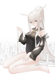 Rule 34 | absurdres, alternate costume, arknights, bare legs, bare shoulders, barefoot, black one-piece swimsuit, breasts, candle, closed mouth, full body, hair between eyes, hand up, highres, holding, holding own hair, hors, large breasts, long hair, long sleeves, looking at viewer, navel, official alternate costume, one-piece swimsuit, pointy ears, ponytail, pwd, shining (arknights), shining (silent night) (arknights), silver hair, sitting, swimsuit, very long hair, wariza