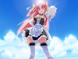 Rule 34 | 1girl, bare shoulders, blush, breasts, cellphone, cloud, detached collar, elbow gloves, frills, game cg, gloves, hair ornament, hair ribbon, hand on own hip, legs, lens flare, long hair, looking at viewer, maid, maid headdress, open mouth, outdoors, outstretched arm, phone, pink eyes, pink hair, ribbon, serious, sky, small breasts, solo, standing, sun, sunlight, takeya masami, te to te try on, thighhighs, thighs, twintails, two side up, white thighhighs