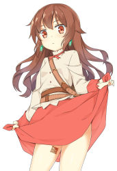 Rule 34 | 1girl, bag, belt, between breasts, breasts, brown belt, brown eyes, brown hair, commentary request, crystal, earrings, fisica, hair flaps, hatsunatsu, highres, jewelry, jitome, lanota, long hair, long sleeves, looking at viewer, qr code, red skirt, shirt, shoulder bag, simple background, skirt, skirt hold, sleeveless, small breasts, solo, standing, strap between breasts, white background, white shirt