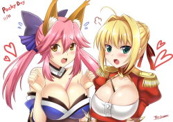 Rule 34 | &gt;:o, 10s, 2girls, :o, puff of air, ahoge, animal ears, aqua eyes, artist name, bare shoulders, between breasts, blonde hair, blue bow, blue ribbon, blush, bow, braid, breast hold, breasts, brown eyes, cleavage, cleavage cutout, clenched hands, clothing cutout, collarbone, dated, detached collar, epaulettes, fang, fate/extra, fate/grand order, fate (series), female focus, flying sweatdrops, food, fox ears, green eyes, hair between eyes, hair bow, hair intakes, hair ribbon, heart, japanese clothes, juliet sleeves, kimono, large breasts, long hair, long sleeves, looking at viewer, low twintails, multiple girls, nero claudius (fate), nero claudius (fate), nero claudius (fate/extra), open mouth, pink hair, pocky, pocky day, puffy sleeves, ribbon, short hair, take your pick, tamamo (fate), tamamo no mae (fate/extra), the-sinner, twintails, upper body, v-shaped eyebrows, white background, yellow eyes