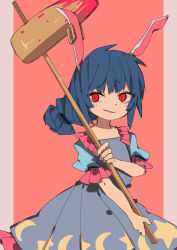 Rule 34 | 1girl, animal ears, blood, blood stain, bloody weapon, blue hair, crescent, crescent moon, crescent print, dress, earclip, frilled dress, frills, highres, holding, holding mallet, holding weapon, kine, long hair, looking to the side, low ponytail, mallet, moon, moon print, multicolored clothes, multicolored dress, pink background, puffy short sleeves, puffy sleeves, rabbit ears, rabbit girl, red eyes, seiran (touhou), short sleeves, simple background, slit pupils, smile, so happy 64, star (symbol), star print, touhou, two-tone background, weapon, white fur