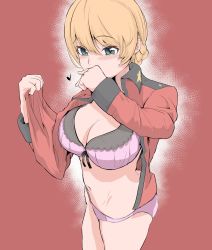 Rule 34 | 1girl, blonde hair, blush, bow, bow bra, bra, braid, breasts, cleavage, covering own mouth, darjeeling (girls und panzer), every bakutan, french braid, girls und panzer, green eyes, groin, hair between eyes, hand over own mouth, heart, highres, jacket, large breasts, navel, no pants, open clothes, panties, pink bra, pink panties, red background, red jacket, self exposure, short hair, solo, st. gloriana&#039;s military uniform, underwear