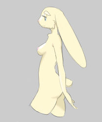Rule 34 | 1girl, :3, animal ears, arms behind back, ass, blue eyes, breasts, female focus, filthypaladin, from side, furry, furry female, grey background, half-closed eyes, highres, looking down, medium breasts, nipples, nude, original, rabbit ears, rabbit tail, simple background, solo, standing, tail