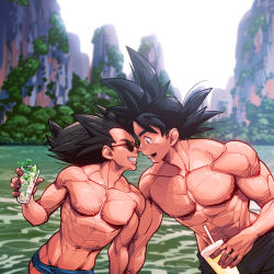 Rule 34 | 2boys, abs, bara, black eyes, black hair, couple, cup, dragon ball, dragonball z, drinking glass, drinking straw, holding hands, highres, looking at another, male focus, manly, multiple boys, muscular, nipples, noses touching, open mouth, pectorals, saiyan, smile, son goku, spiked hair, sunglasses, supobi, swimsuit, toned, toned male, upper body, vegeta, water, yaoi
