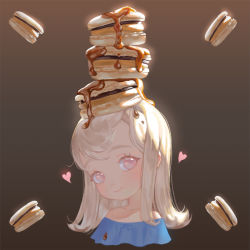Rule 34 | 1girl, blush, brown background, chocolate syrup, collarbone, commentary, cropped neck, dayoungbyun, food, food on head, gradient background, head tilt, heart, long hair, looking at viewer, macaron, object on head, original, pink eyes, smile, solo, swept bangs, syrup, upper body, white hair