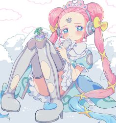 Rule 34 | 2girls, blue dress, blue eyes, blue hair, boots, bow, closed mouth, cloud, commentary request, double bun, dress, falulu, falulu (awakened), forehead jewel, frilled dress, frills, full body, giant, giantess, gradient hair, green hair, grey footwear, hair bow, hair bun, hands up, headphones, high heel boots, high heels, highres, idol clothes, idol land pripara, kiuinomeronsoda, knees up, long hair, multi-tied hair, multicolored hair, multiple girls, outdoors, pink hair, pororo (pripara), pretty series, pripara, puffy short sleeves, puffy sleeves, short sleeves, sidelocks, sitting, sitting on person, size difference, smile, thigh boots, tiara, twintails, very long hair, yellow bow