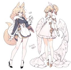 Rule 34 | 2girls, aiguillette, animal ears, apron, arm at side, baozi, black dress, black footwear, blonde hair, breasts, cape, chewing, dated, dress, eating, feathered wings, flat chest, food, fox ears, fox girl, fox tail, frilled dress, frills, full body, fur-trimmed cape, fur trim, gloves, gold trim, hanbok, hand up, high heels, holding, holding food, korean clothes, korean commentary, korean text, lemon89h, long hair, long sleeves, looking at viewer, low wings, medium breasts, multiple girls, original, pointy ears, puffy short sleeves, puffy sleeves, short dress, short sleeves, shrug (clothing), side ponytail, sidelocks, simple background, standing, stiletto heels, strapless, strapless dress, tail, waist apron, white apron, white background, white cape, white dress, white gloves, white wings, wing hair ornament, wings, yellow eyes, yellow footwear
