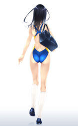 Rule 34 | 1girl, absurdres, ass, back cutout, bag, bare arms, bare back, bare shoulders, black hair, blue footwear, blue one-piece swimsuit, clothing cutout, commentary request, competition swimsuit, female focus, from behind, full body, gradient background, highres, kneehighs, kneepits, loafers, long hair, murakami suigun, one-piece swimsuit, original, school bag, shoes, simple background, socks, solo, swimsuit, walking, white background, white socks