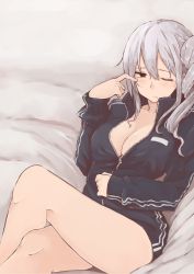 Rule 34 | 1girl, blush, breasts, cleavage, drill hair, hair between eyes, highres, jacket, large breasts, lying, naked jacket, on back, one eye closed, original, rucchiifu, silver hair, sitting, solo, tears, track jacket