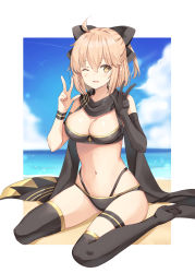 Rule 34 | 1girl, ;d, ahoge, bad id, bad pixiv id, bare shoulders, bikini, black bikini, black bow, black gloves, black scarf, black thighhighs, bow, breasts, brown eyes, brown hair, cleavage, double w, elbow gloves, fate/grand order, fate (series), gloves, hair bow, half updo, hands up, highleg, highleg bikini, highres, large breasts, looking at viewer, navel, no shoes, okita j. souji (fate), okita j. souji (first ascension) (fate), okita souji (fate), okita souji (koha-ace), one eye closed, open mouth, scarf, short hair, single glove, sitting, smile, solo, sweatband, swimsuit, thighhighs, w, wariza, yuzu-aki