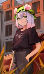 Rule 34 | 1girl, black shirt, closed mouth, copyright request, gradient hair, green eyes, green hat, grey hair, grey pants, hand in pocket, hat, highres, looking at viewer, medium hair, multicolored hair, outdoors, pants, shirt, solo, vergil mon