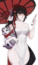 Rule 34 | 1girl, animal, azur lane, bare shoulders, black hair, blunt bangs, breasts, calligraphy brush, china dress, chinese clothes, cowboy shot, dog, dress, flower, garter straps, gloves, hair ears, hair flaps, hair flower, hair ornament, highres, holding, holding animal, holding dog, holding umbrella, long hair, medium breasts, mmmegh, oil-paper umbrella, paintbrush, parted lips, pelvic curtain, red flower, red umbrella, scarf, see-through, side slit, simple background, sleeveless, sleeveless dress, solo, takao (azur lane), takao (the lessons of spring) (azur lane), taut clothes, taut dress, thighhighs, tight clothes, tight dress, umbrella, very long hair, white background, white dress, white gloves, wide hips, yellow eyes