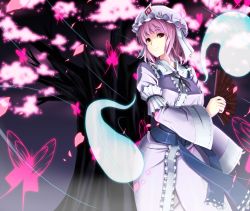 Rule 34 | 1girl, bug, butterfly, cherry blossoms, hand fan, female focus, folding fan, gayprince, ghost, glowing, hat, highres, hitodama, bug, looking at viewer, night, night sky, pink hair, red eyes, saigyouji yuyuko, short hair, sky, smile, solo, touhou, tree