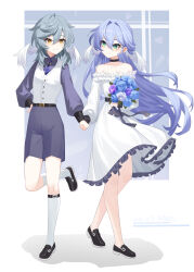 1boy 1girl absurdres aged_down aqua_eyes bare_legs bare_shoulders black_choker black_footwear blue_hair blue_pants blue_shirt bouquet brother_and_sister choker collarbone dated dress flower full_body head_wings highres holding holding_bouquet holding_hands honkai:_star_rail honkai_(series) lao_xi legs long_hair looking_at_another pants robin_(honkai:_star_rail) shirt shoes short_hair siblings smile socks standing standing_on_one_leg sunday_(honkai:_star_rail) vest white_dress white_socks white_vest wings yellow_eyes