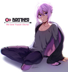 Rule 34 | 1boy, ai kusunoki, arm support, black jacket, grey shirt, jacket, leaning back, long sleeves, looking at viewer, male focus, off shoulder, open clothes, open jacket, original, pants, purple eyes, purple hair, shadow, shirt, shoe soles, shoes, sidelocks, simple background, sitting, solo, vocaloid, voiceroid, white background