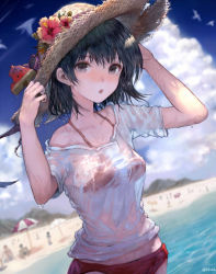 Rule 34 | 1girl, :o, bad id, bad twitter id, beach, beach umbrella, bikini, black eyes, black hair, blurry, cloud, commentary request, day, depth of field, dutch angle, flower, food, hands up, hat, hat flower, hibiscus, hisabosi, holding, looking at viewer, original, outdoors, popsicle, red bikini, see-through, short hair, short sleeves, sky, solo, straw hat, sun hat, swimsuit, twitter username, umbrella, upper body, watermelon bar, wet, wet clothes