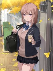 Rule 34 | 1girl, bag, banned artist, black jacket, black skirt, blazer, blouse, bow, bowtie, breasts, brown hair, brown sweater, collared shirt, cup, disposable cup, duffel bag, frown, ginkgo leaf, highres, holding, icomochi, jacket, leaf, long sleeves, looking at viewer, medium breasts, medium hair, miniskirt, natsume (monochrome bunny), open clothes, open jacket, original, outdoors, parted lips, plaid, plaid skirt, pleated skirt, purple eyes, school bag, school uniform, shirt, skirt, solo, sweater, thighs, undershirt, v-shaped eyebrows, white shirt