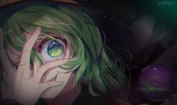Rule 34 | 1girl, absurdres, black background, black hat, collared shirt, commentary, crazy eyes, crazy smile, eikop, eyeball, fang, frilled shirt collar, frills, furrowed brow, green eyes, green hair, hair between eyes, hand over face, hat, hat ribbon, highres, komeiji koishi, open mouth, ribbon, shirt, smile, solo, teeth, third eye, touhou, twitter username, upper teeth only, wavy hair, yellow ribbon, yellow shirt