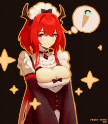 Rule 34 | 1girl, alternate costume, arknights, artist logo, black background, black bow, black sleeves, bow, breasts, character name, chinese text, cleavage, clothing request, demon horns, detached sleeves, enmaided, hair between eyes, hair bow, highres, horns, ice cream cone, jewelry, large breasts, looking at viewer, maid, maid headdress, necklace, purple eyes, red hair, sidelocks, solo, songchuan li, sparkle, spoken food, surtr (arknights), thought bubble, upper body, white headdress