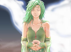 Rule 34 | 1girl, breasts, cape, closed eyes, closed mouth, collarbone, detached sleeves, dress, final fantasy, final fantasy iv, green hair, hair ornament, highres, long hair, rydia (ff4), solo
