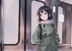 Rule 34 | 1girl, 5 rebbeccas, absurdres, backpack, bag, black hair, closed mouth, commentary request, earphones, expressionless, green jacket, grey scarf, hands in pockets, highres, jacket, long hair, long sleeves, looking to the side, low twintails, purple eyes, scarf, solo, standing, tamura yuri, train interior, twintails, upper body, watashi ga motenai no wa dou kangaetemo omaera ga warui!