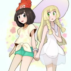 Rule 34 | 2girls, :d, :o, aqua eyes, bare arms, black hair, blonde hair, blunt bangs, blush, bracelet, braid, chiimako, collarbone, collared dress, creatures (company), dress, eyes visible through hair, floral print, game freak, green eyes, green shorts, hat, holding hands, jewelry, lillie (pokemon), long hair, looking at another, multiple girls, nintendo, open mouth, pokemon, pokemon sm, see-through, selene (pokemon), shirt, shorts, sleeveless, sleeveless dress, smile, standing, sun hat, sundress, twin braids, white dress, white hat, yellow shirt, z-ring